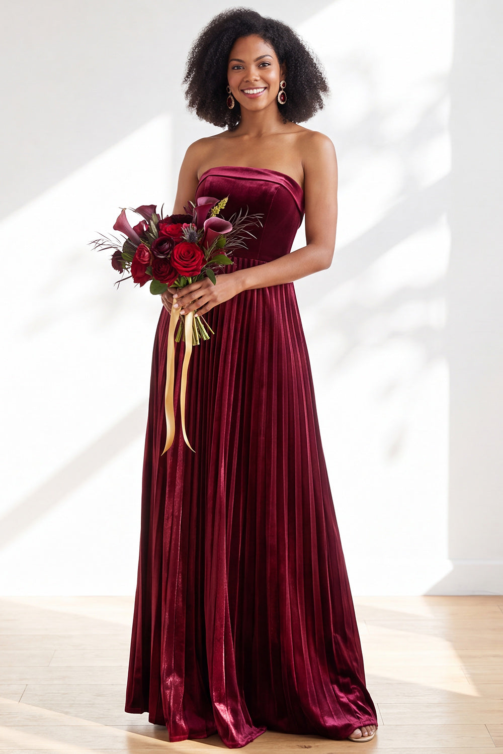 Dusty Sage Velvet Strapless Long Pleated Formal Dress