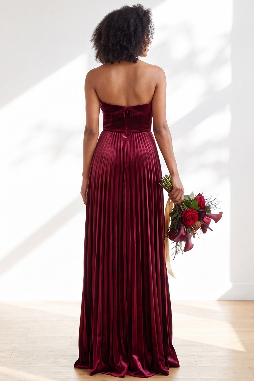 Dusty Sage Velvet Strapless Long Pleated Formal Dress