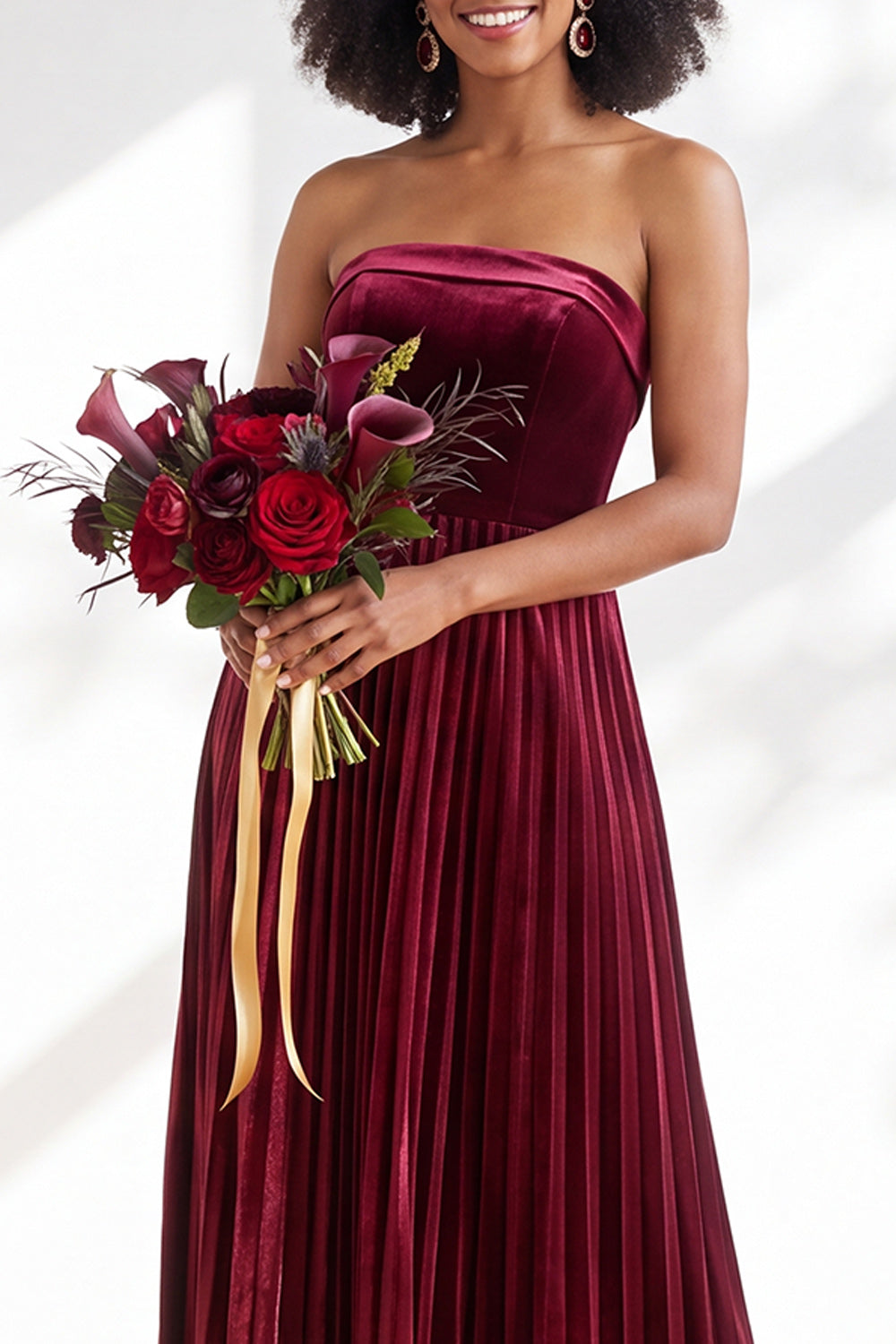 Dusty Sage Velvet Strapless Long Pleated Formal Dress
