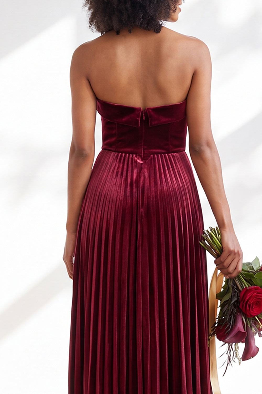 Dusty Sage Velvet Strapless Long Pleated Formal Dress
