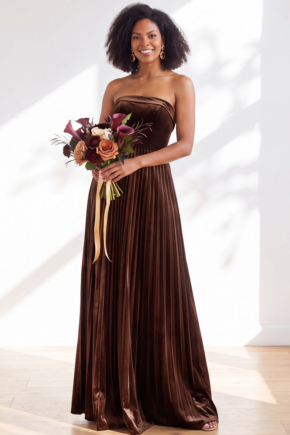 Dusty Sage Velvet Strapless Long Pleated Formal Dress