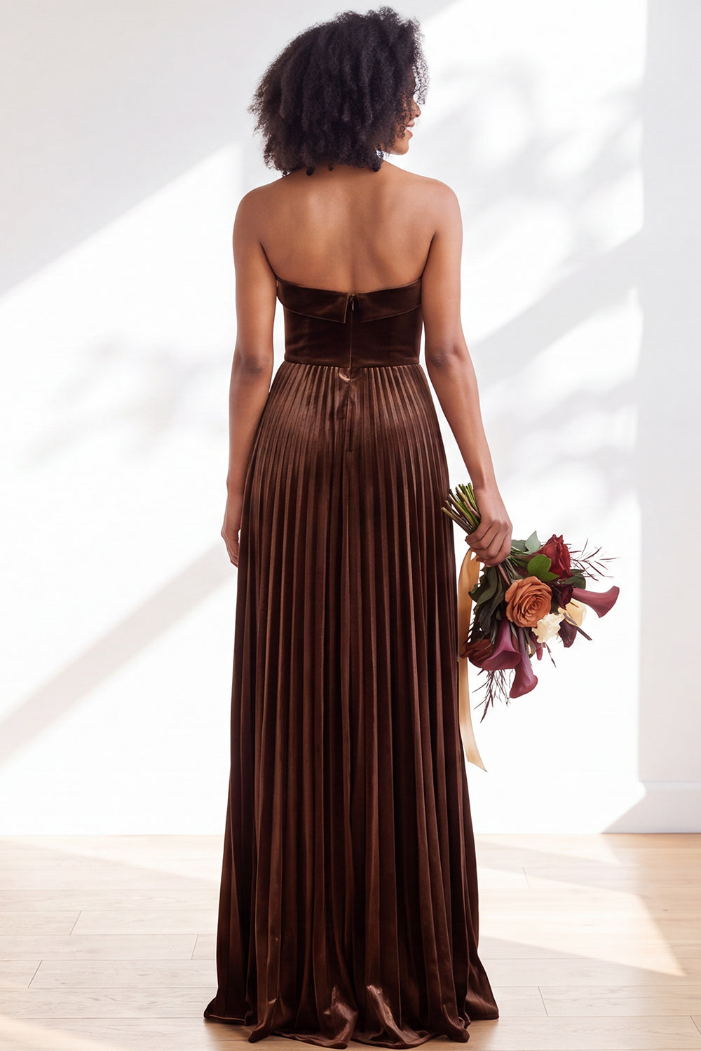 Dusty Sage Velvet Strapless Long Pleated Formal Dress