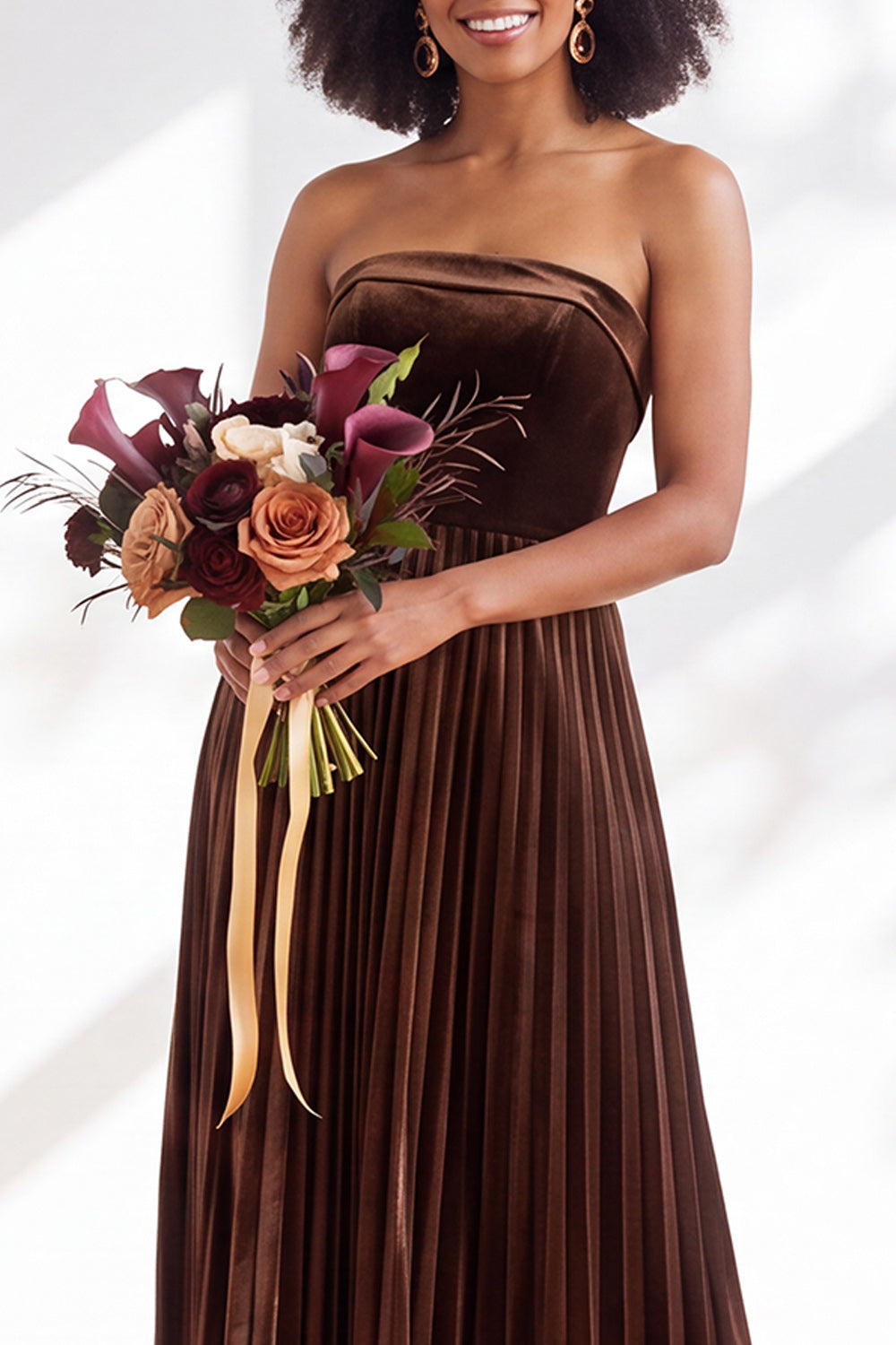 Dusty Sage Velvet Strapless Long Pleated Formal Dress