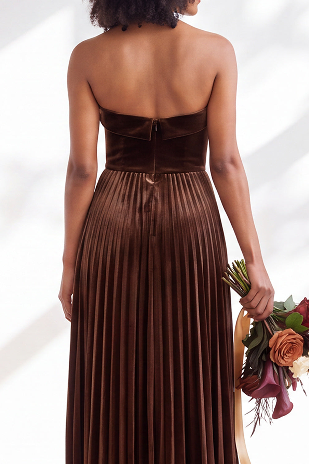 Dusty Sage Velvet Strapless Long Pleated Formal Dress