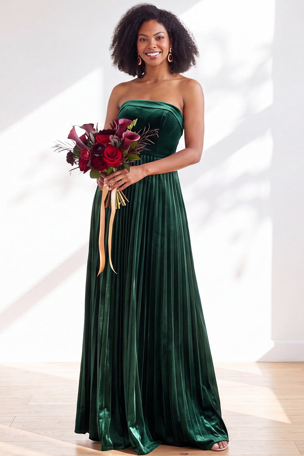 Dusty Sage Velvet Strapless Long Pleated Formal Dress