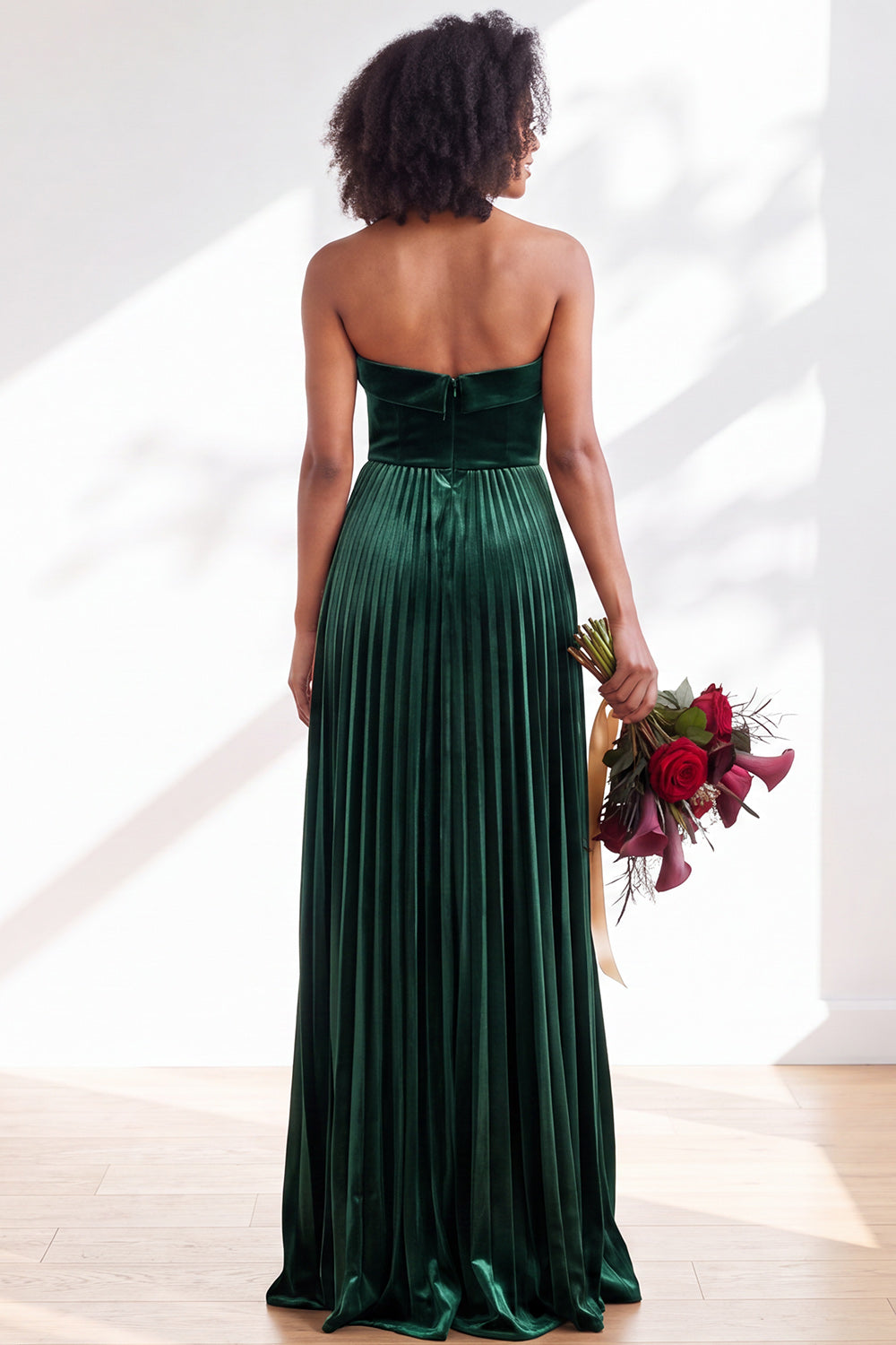 Dusty Sage Velvet Strapless Long Pleated Formal Dress
