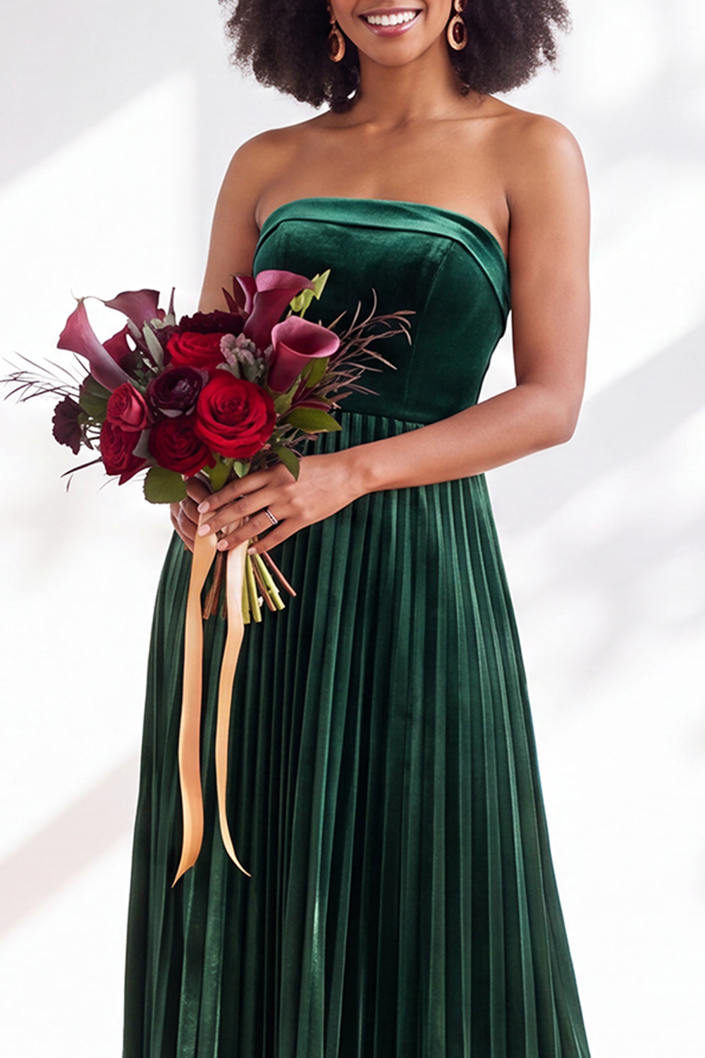 Dusty Sage Velvet Strapless Long Pleated Formal Dress