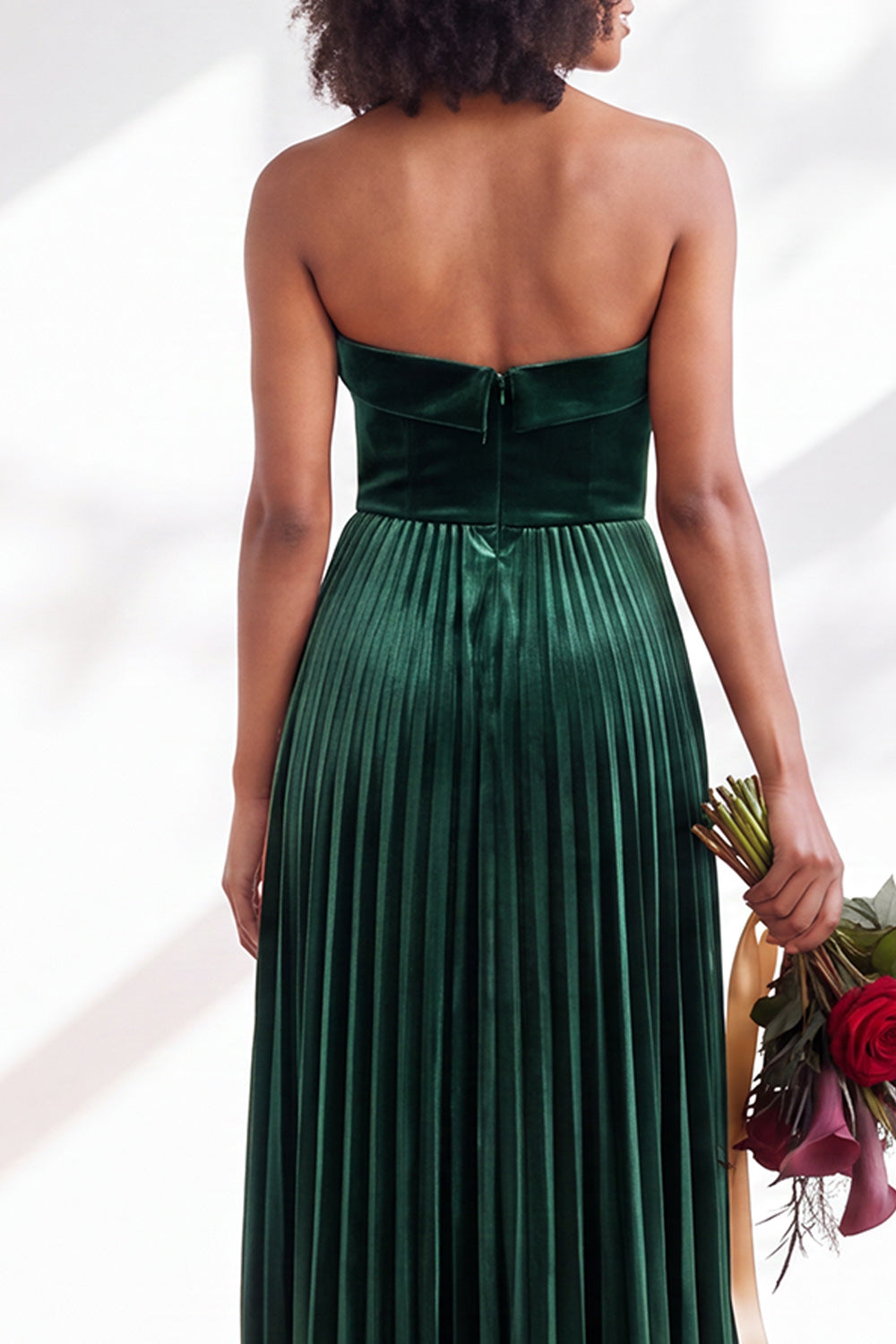 Dusty Sage Velvet Strapless Long Pleated Formal Dress