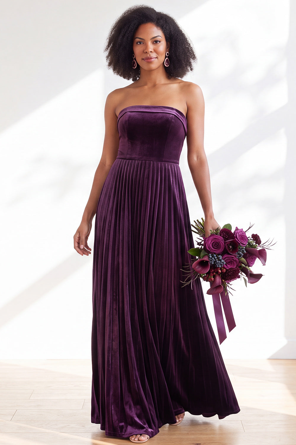 Dusty Sage Velvet Strapless Long Pleated Formal Dress