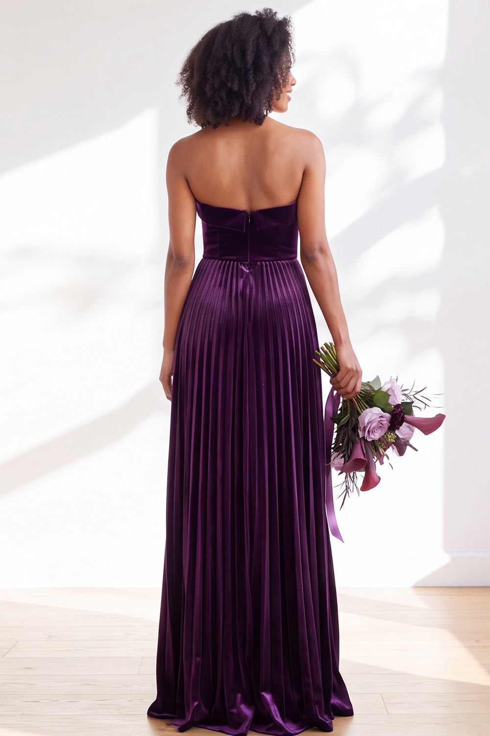 Dusty Sage Velvet Strapless Long Pleated Formal Dress