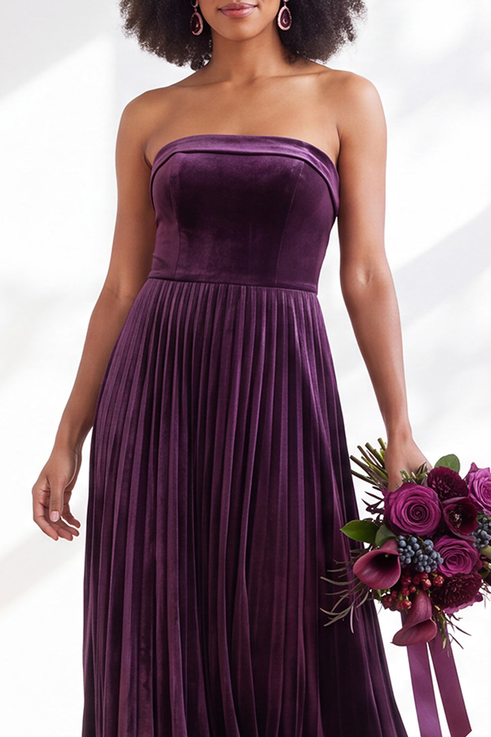 Dusty Sage Velvet Strapless Long Pleated Formal Dress
