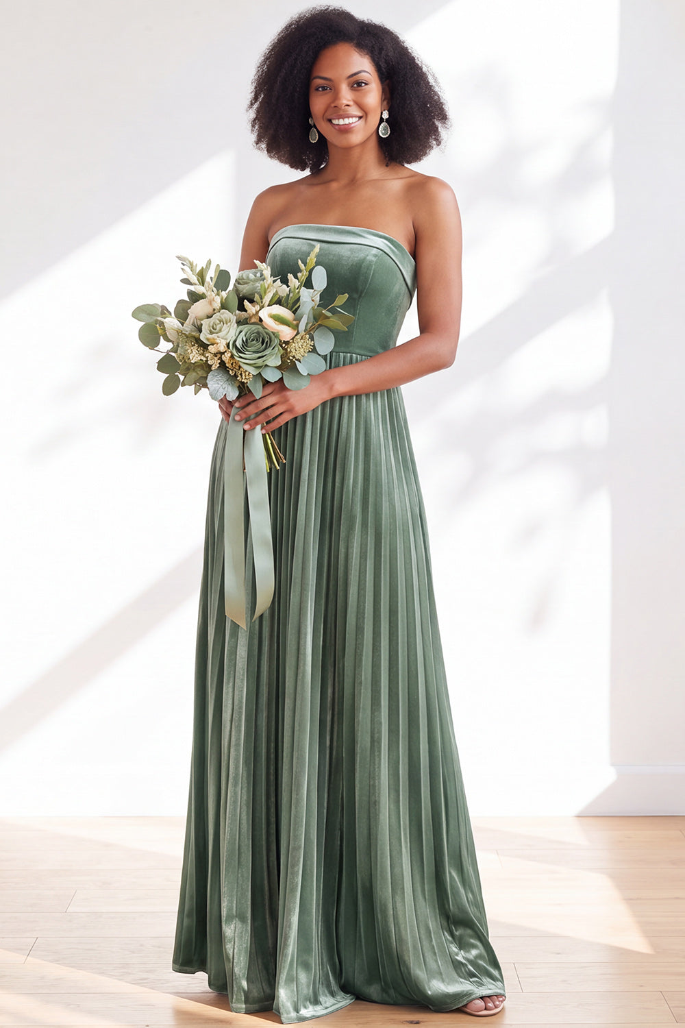 Dusty Sage Velvet Strapless Long Pleated Formal Dress