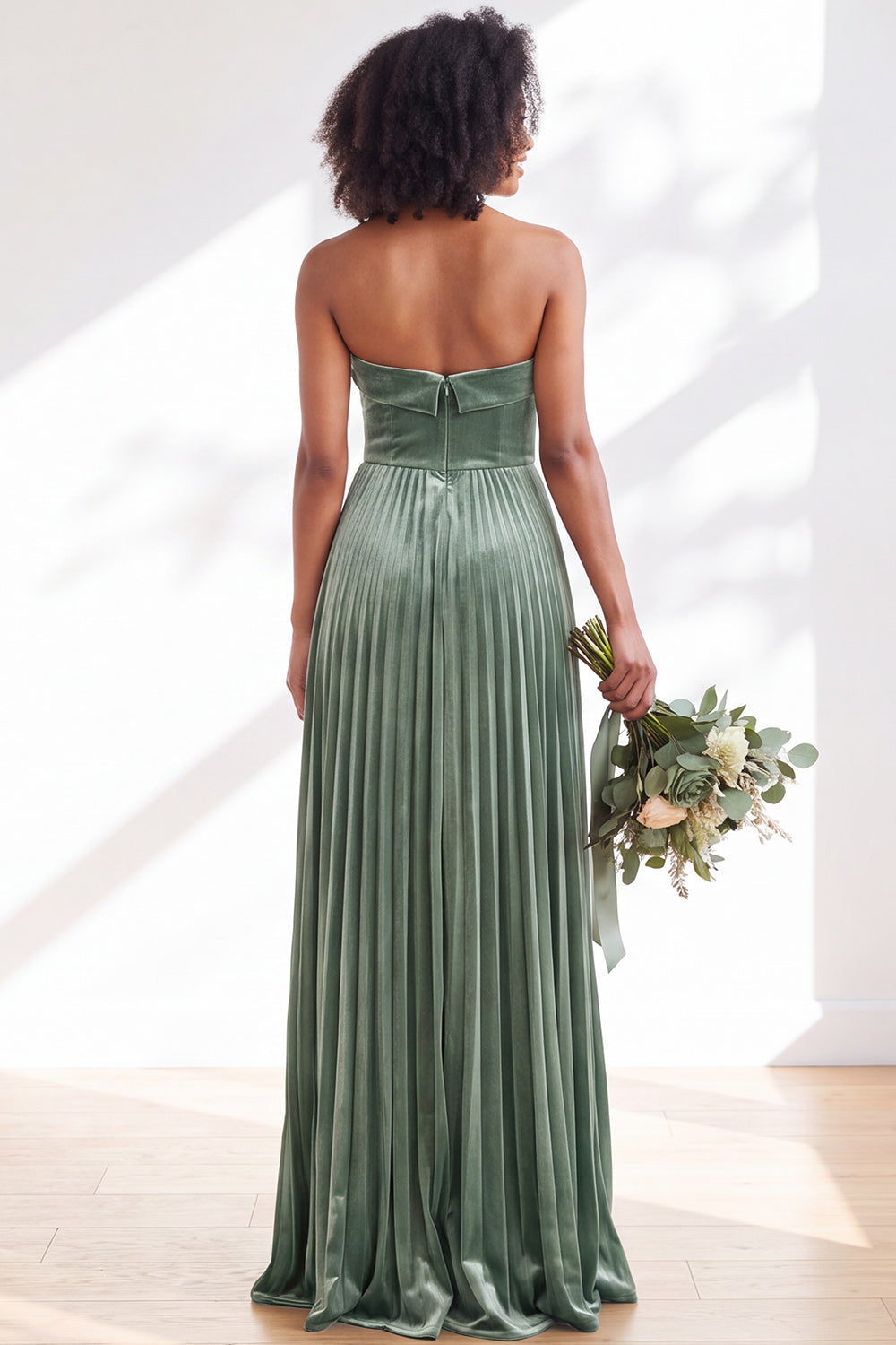 Dusty Sage Velvet Strapless Long Pleated Formal Dress