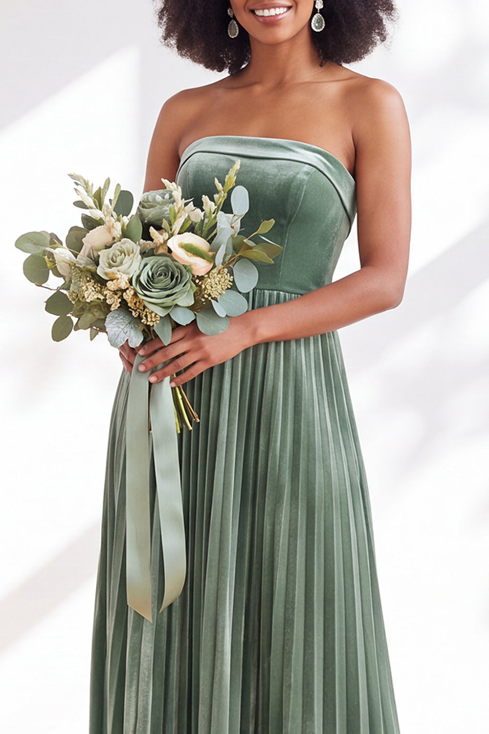 Dusty Sage Velvet Strapless Long Pleated Formal Dress