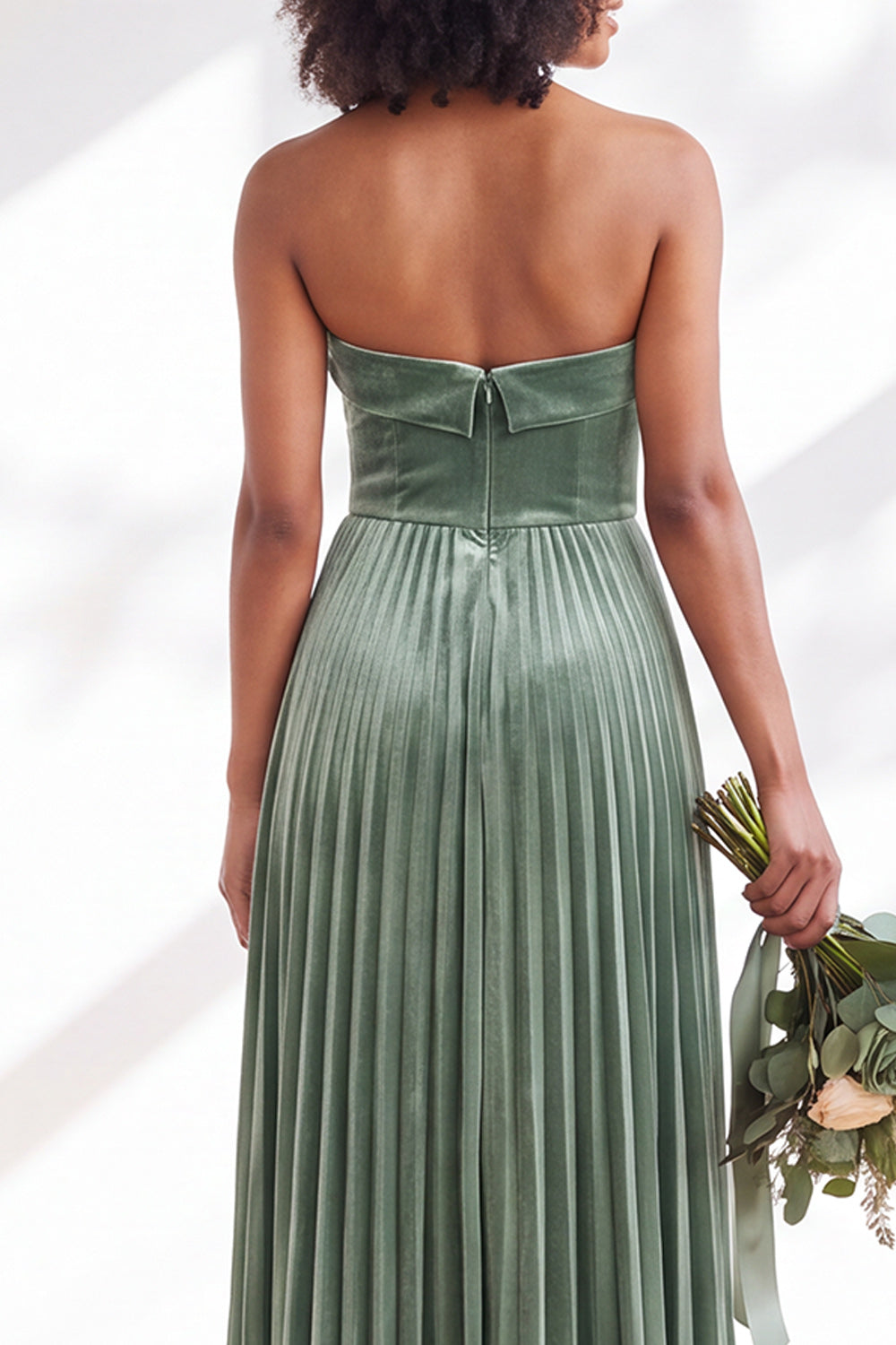 Dusty Sage Velvet Strapless Long Pleated Formal Dress