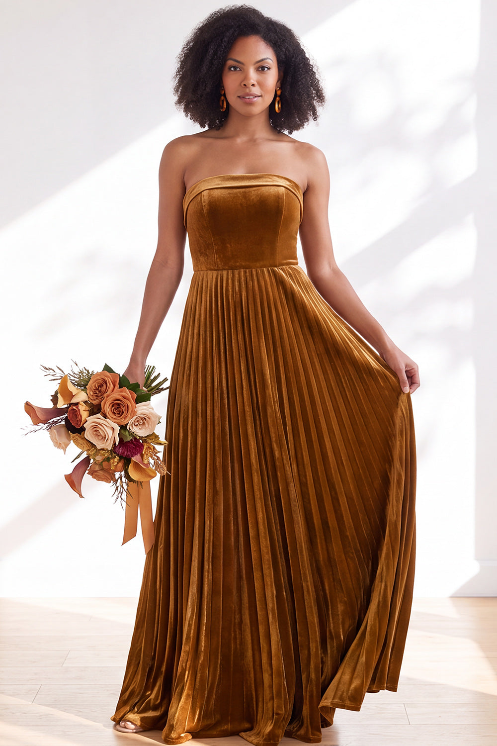 Dusty Sage Velvet Strapless Long Pleated Formal Dress