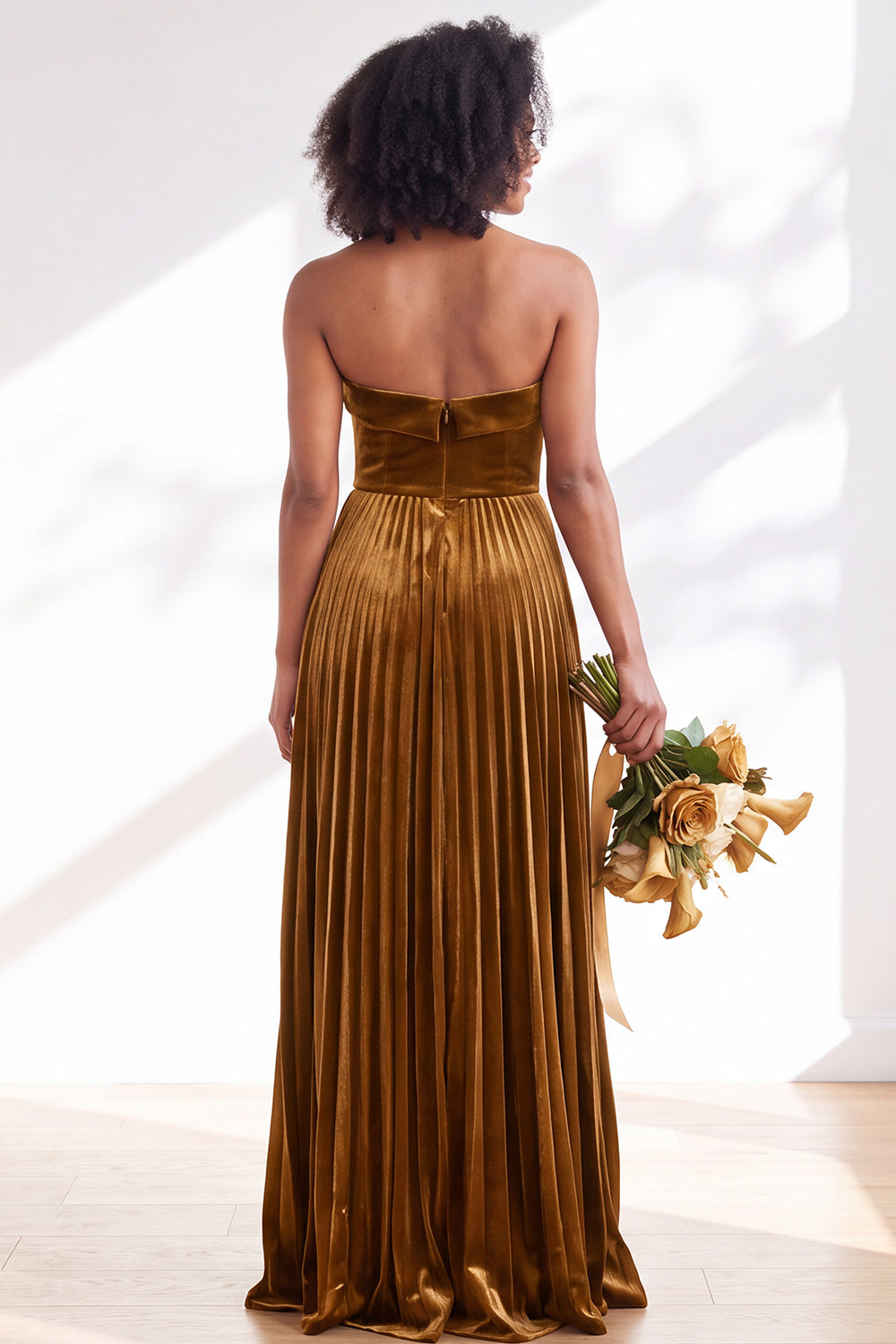 Dusty Sage Velvet Strapless Long Pleated Formal Dress