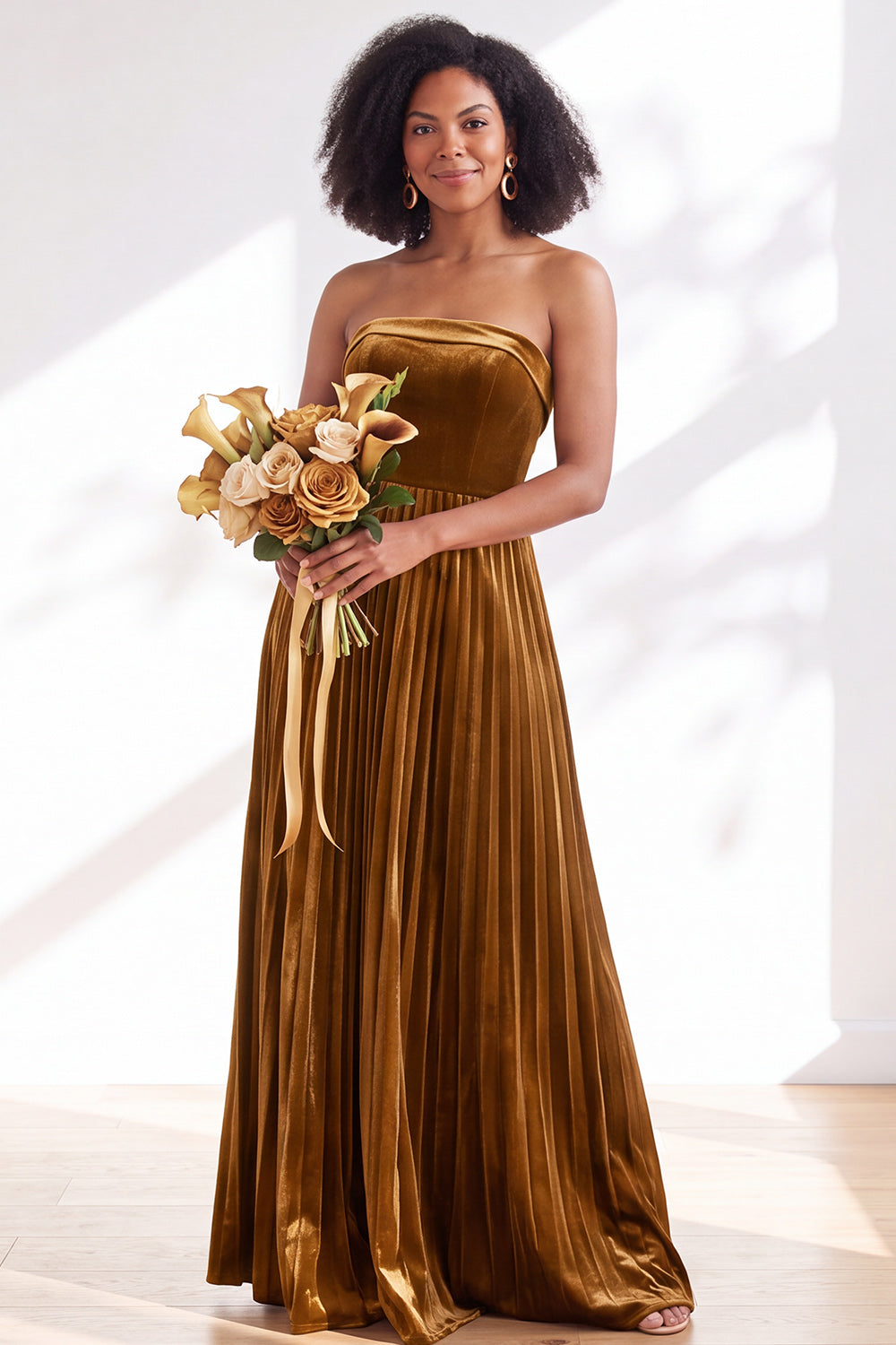 Dusty Sage Velvet Strapless Long Pleated Formal Dress