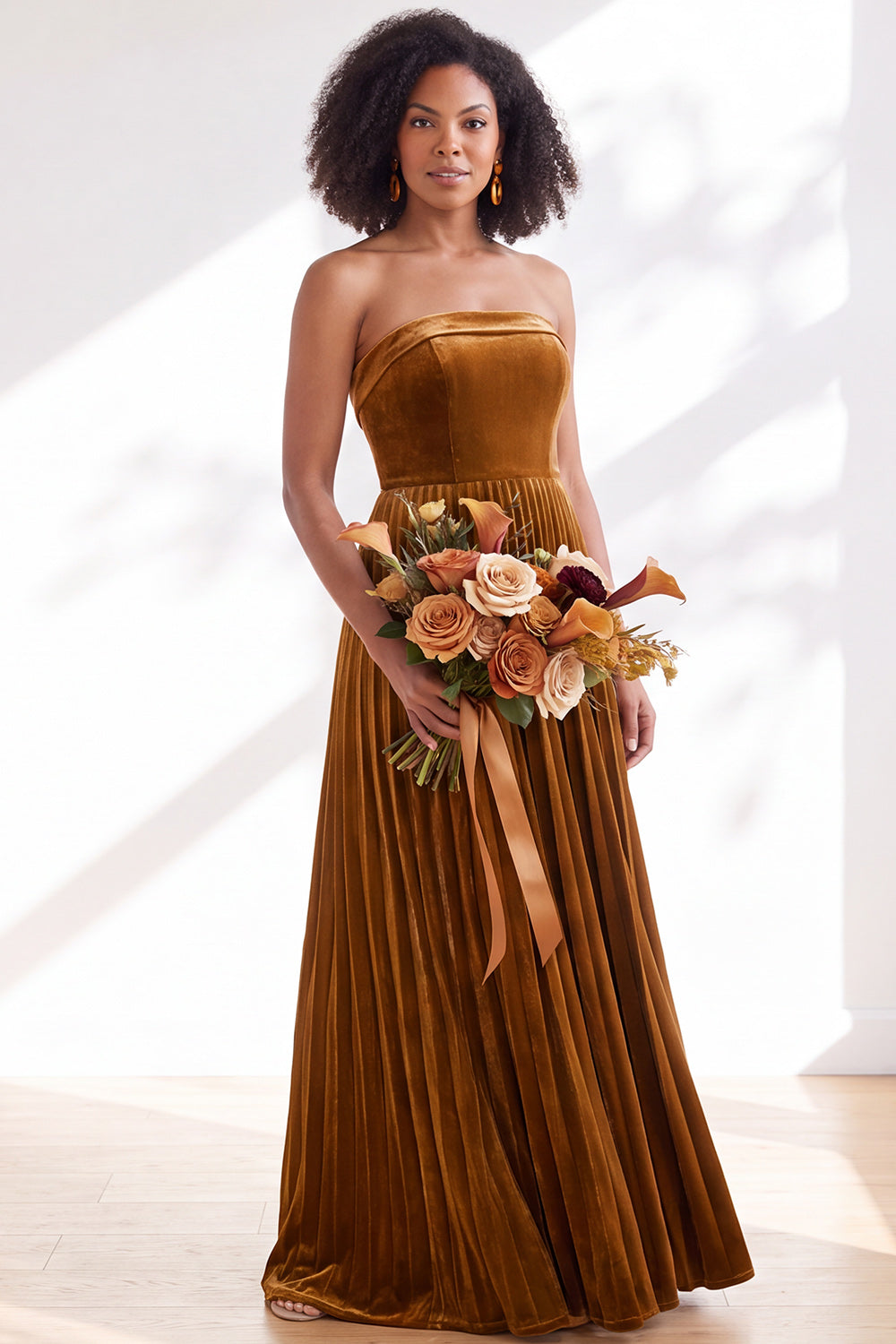 Dusty Sage Velvet Strapless Long Pleated Formal Dress