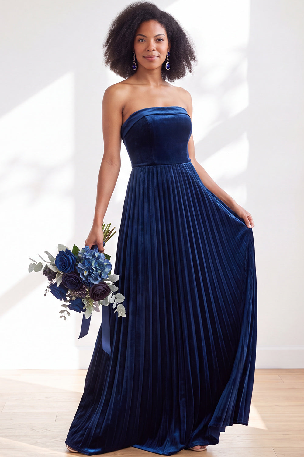 Dusty Sage Velvet Strapless Long Pleated Formal Dress
