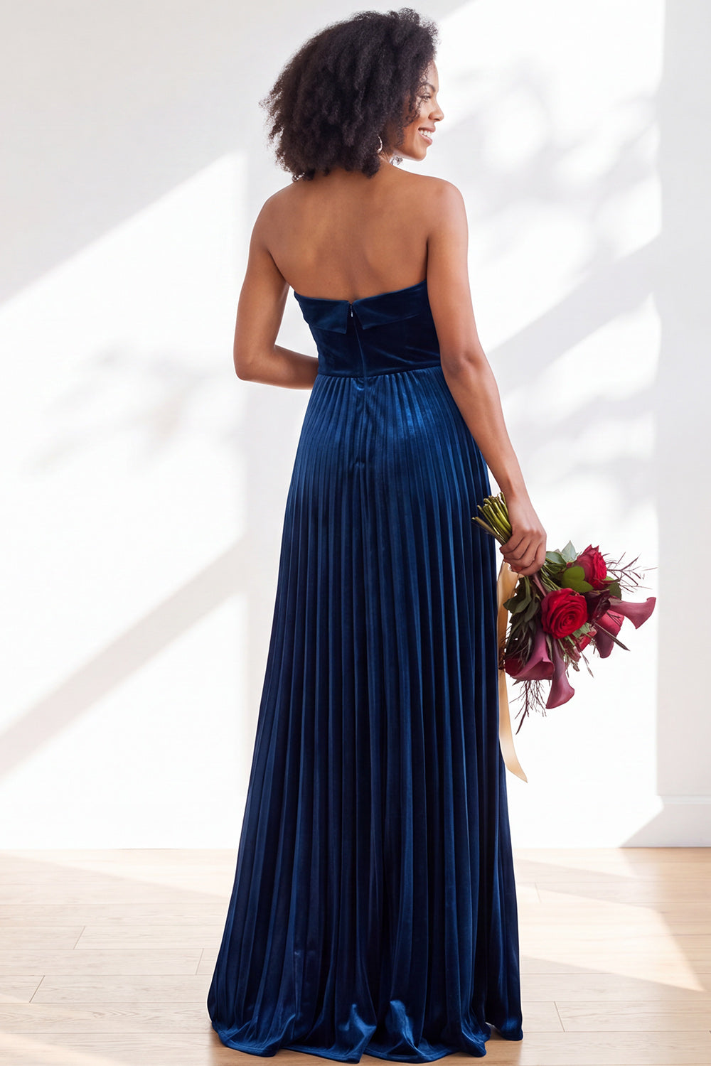 Dusty Sage Velvet Strapless Long Pleated Formal Dress