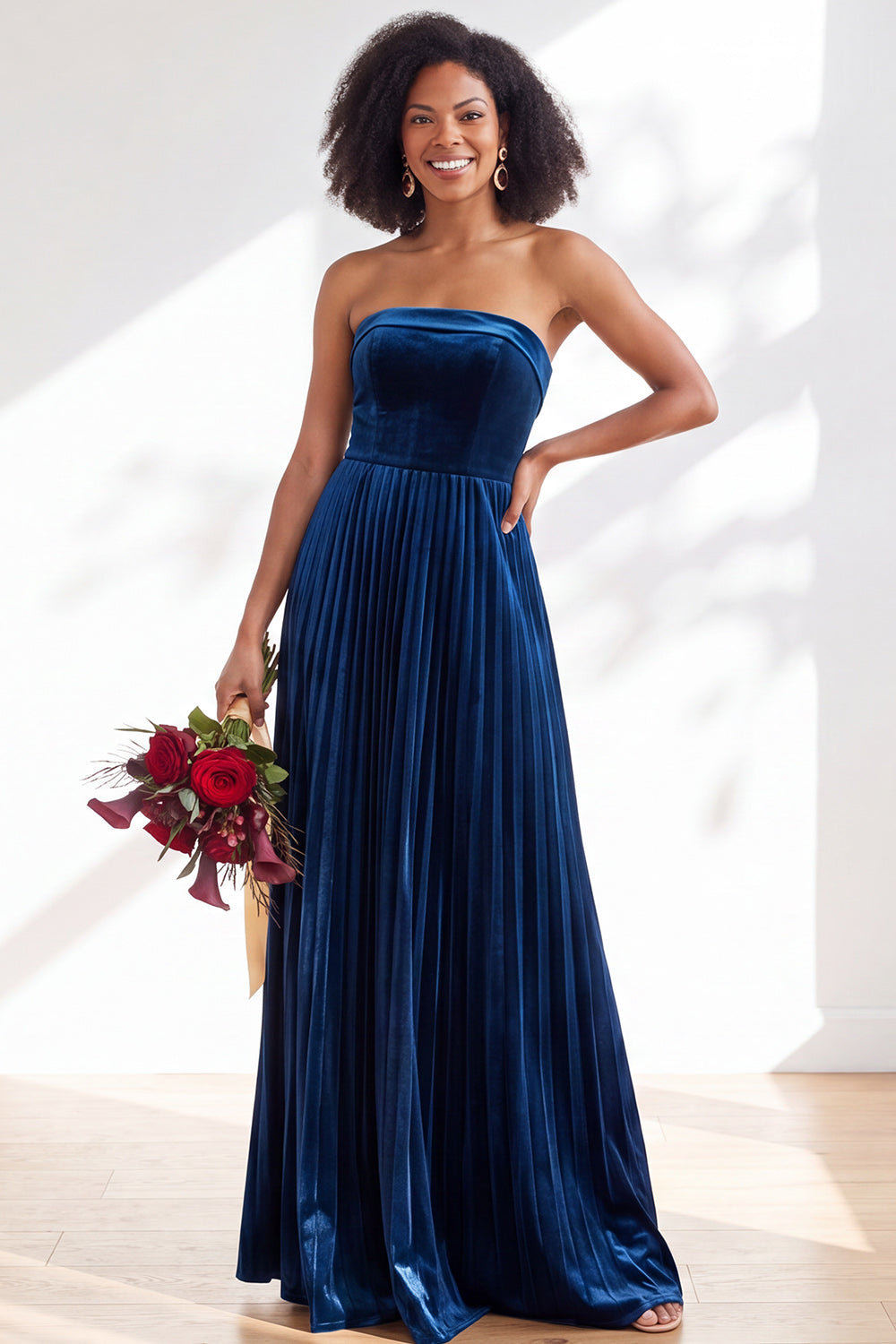 Dusty Sage Velvet Strapless Long Pleated Formal Dress