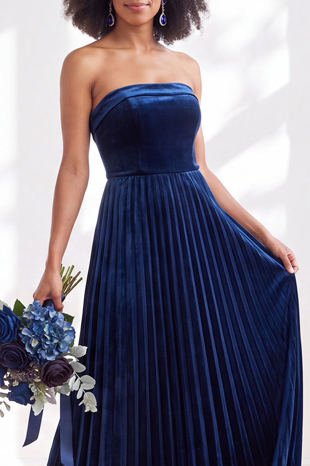Dusty Sage Velvet Strapless Long Pleated Formal Dress
