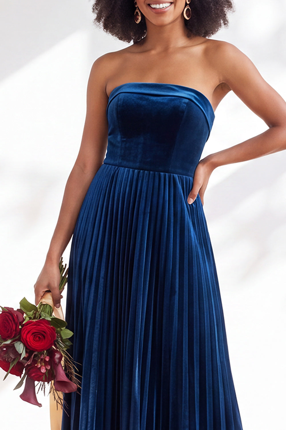 Dusty Sage Velvet Strapless Long Pleated Formal Dress