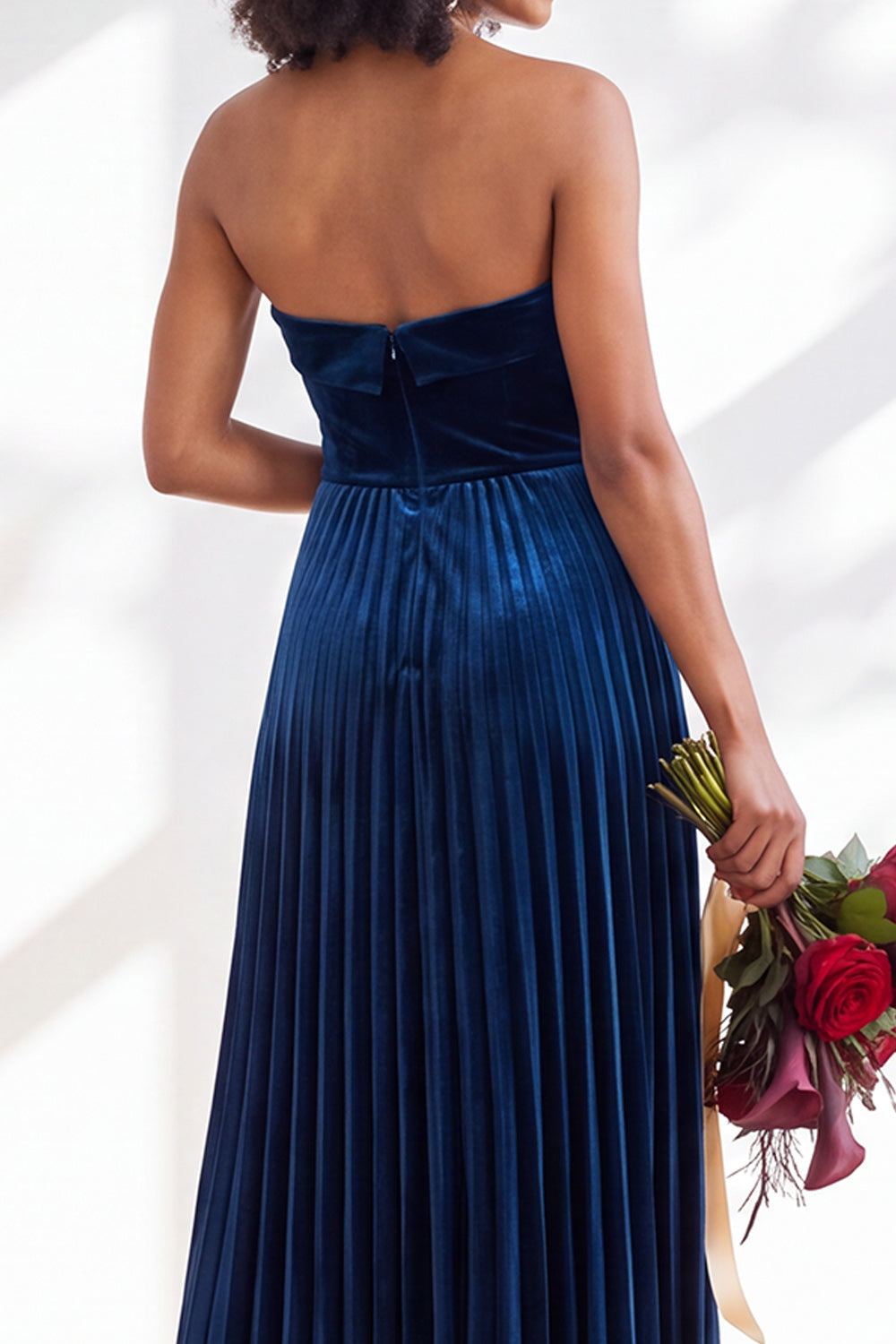 Dusty Sage Velvet Strapless Long Pleated Formal Dress