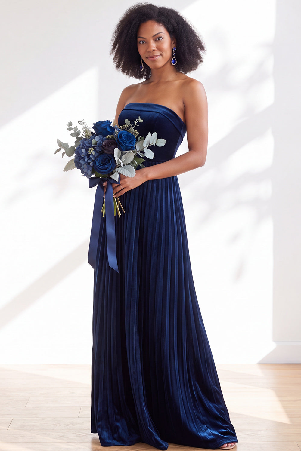 Dusty Sage Velvet Strapless Long Pleated Formal Dress