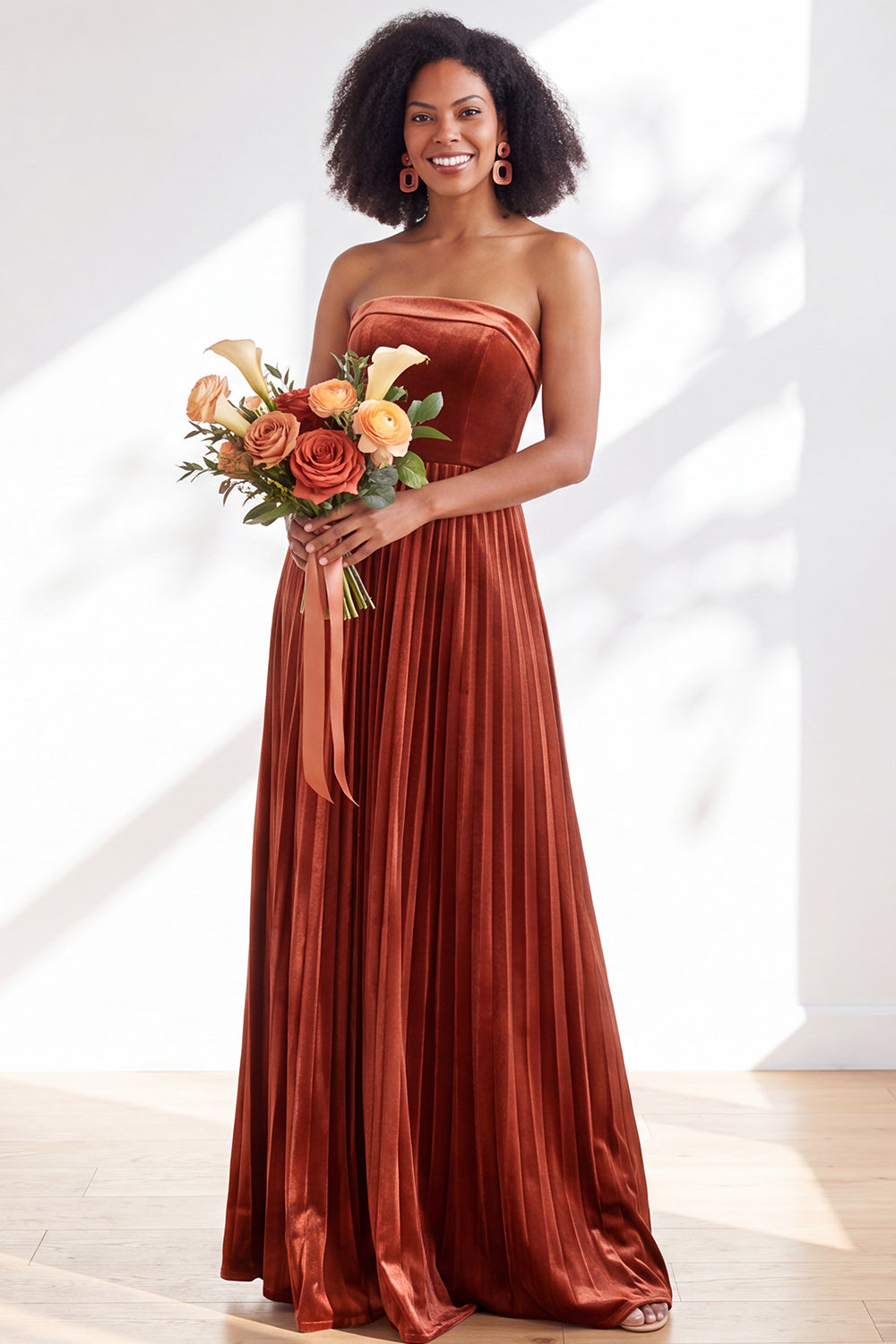 Dusty Sage Velvet Strapless Long Pleated Formal Dress