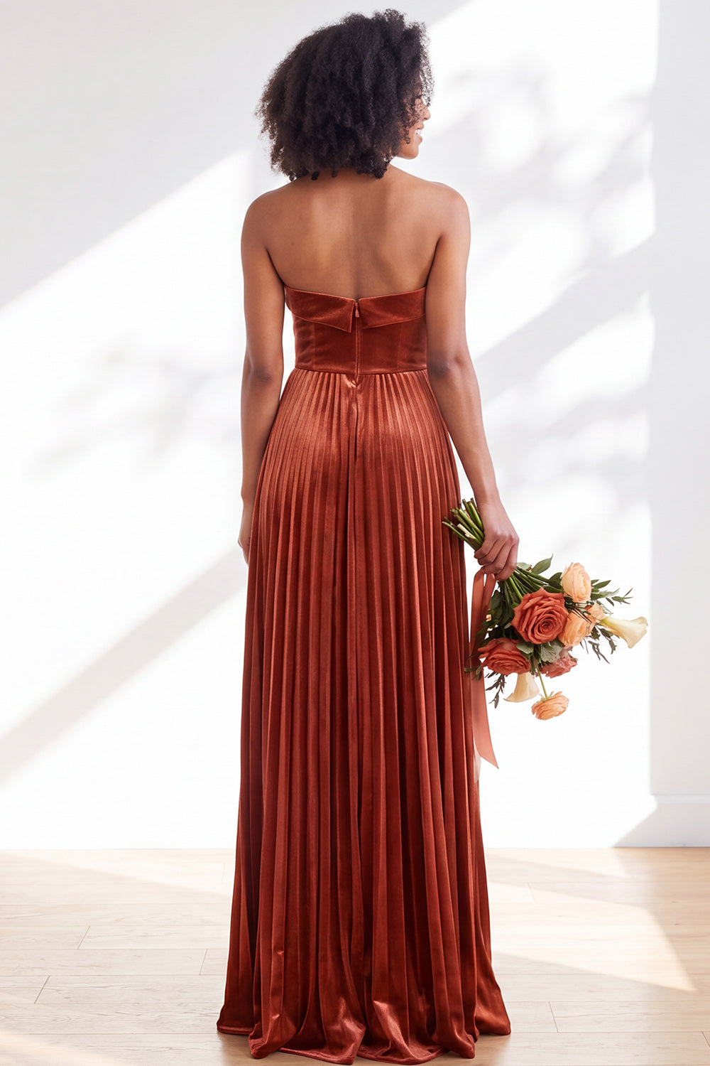 Dusty Sage Velvet Strapless Long Pleated Formal Dress