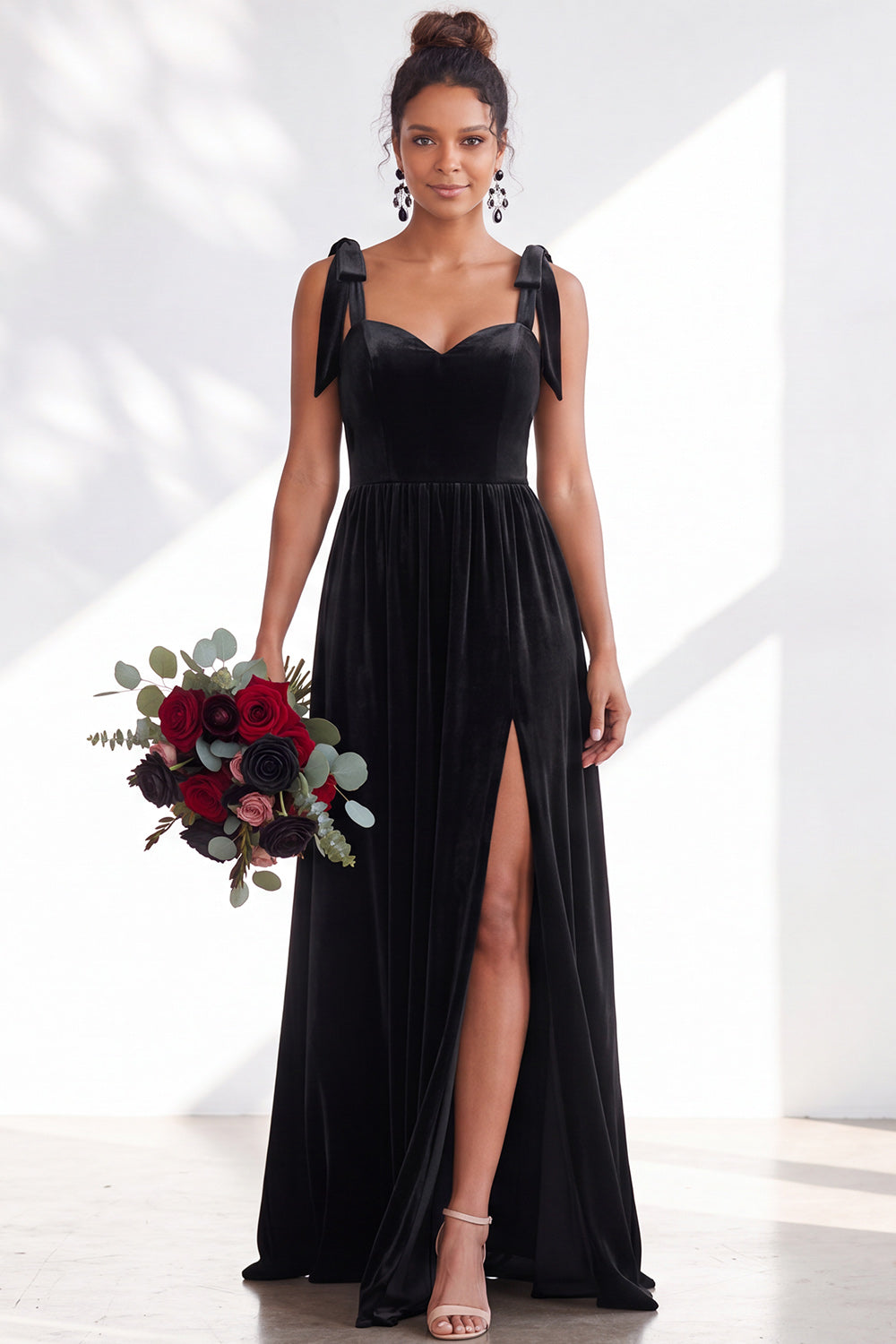 Burgundy A-Line Velvet Long Formal Dress with Bows