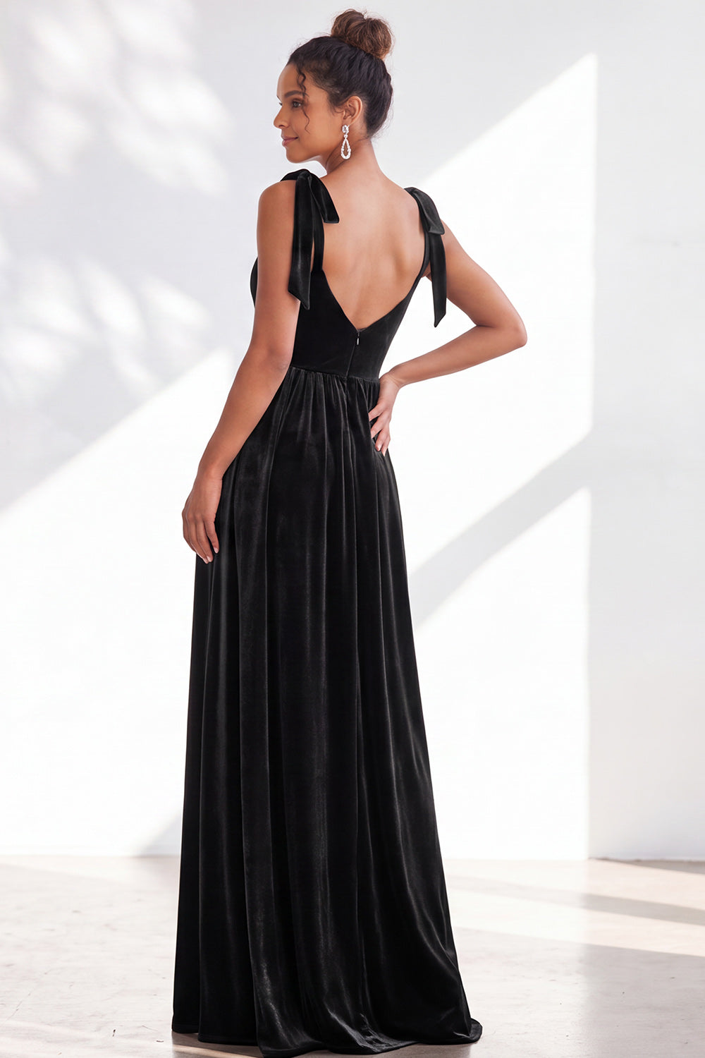 Burgundy A-Line Velvet Long Formal Dress with Bows