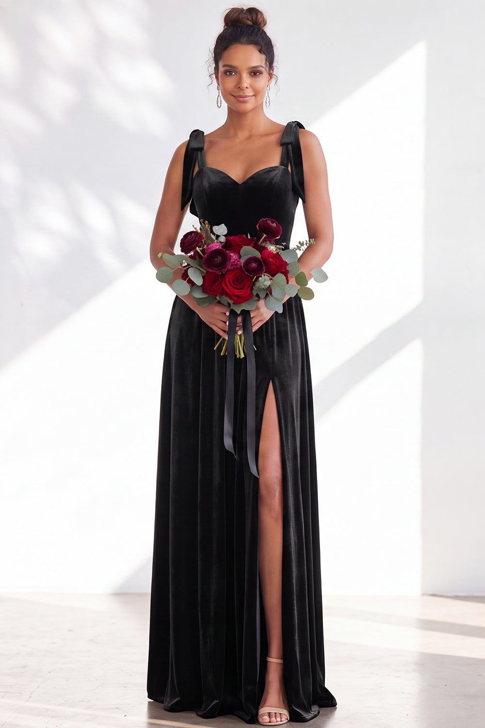 Burgundy A-Line Velvet Long Formal Dress with Bows