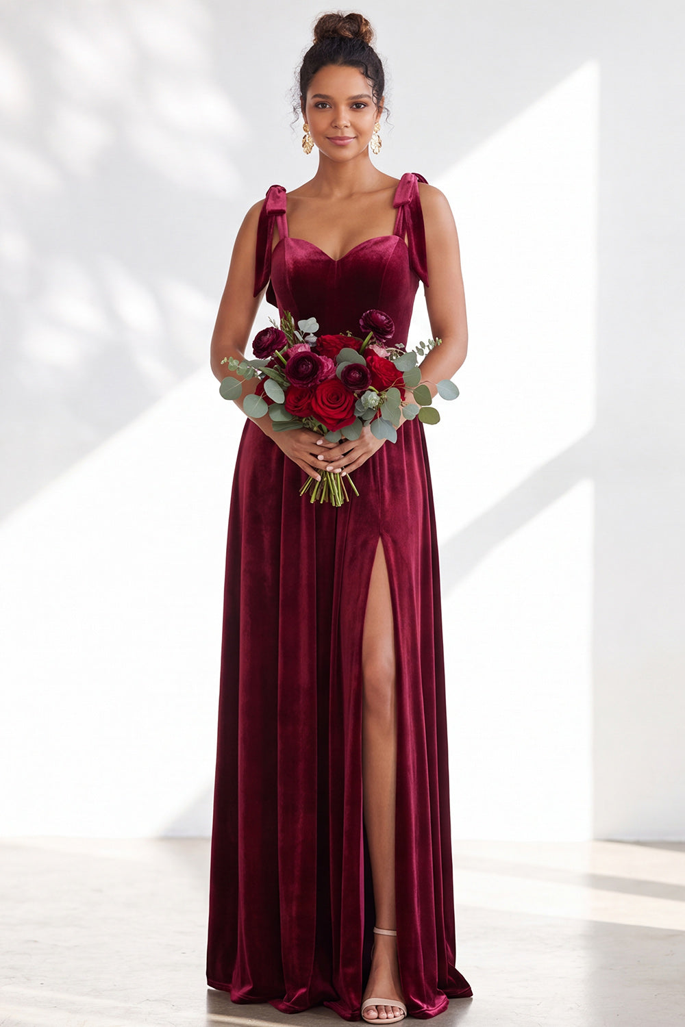 Burgundy A-Line Velvet Long Formal Dress with Bows