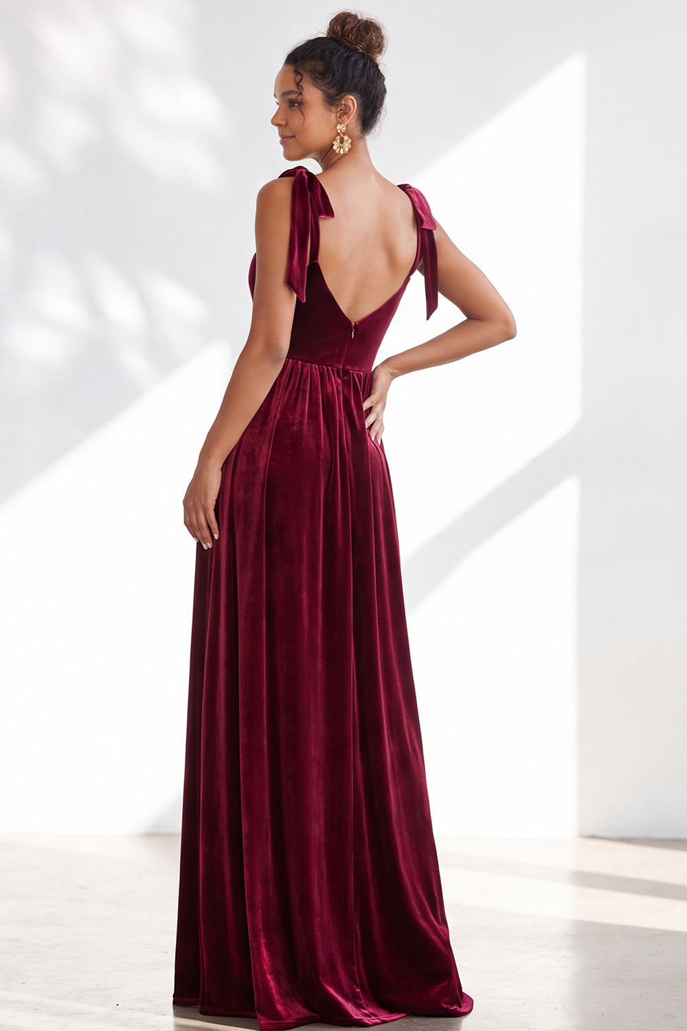Burgundy A-Line Velvet Long Formal Dress with Bows