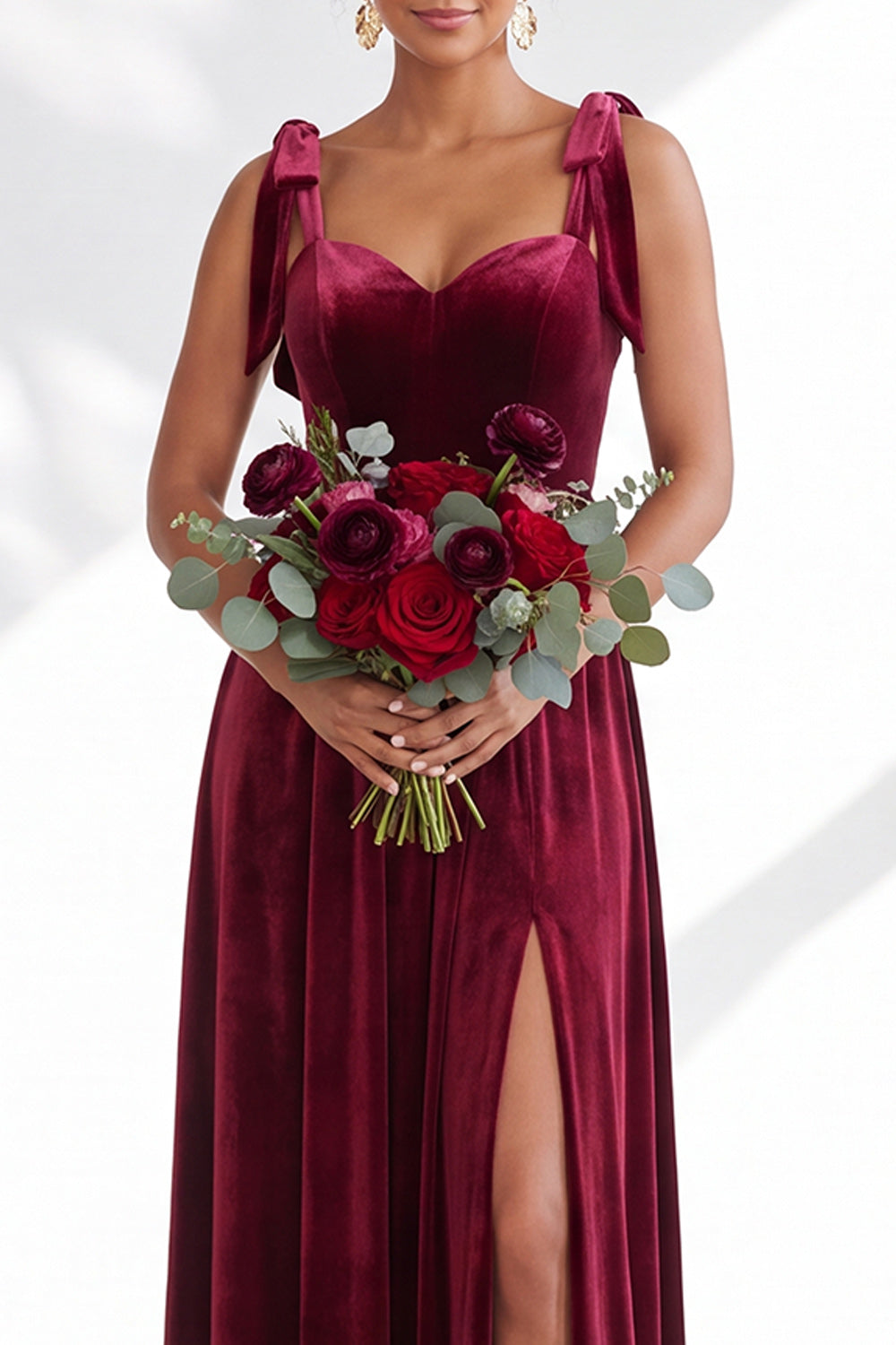 Burgundy A-Line Velvet Long Formal Dress with Bows