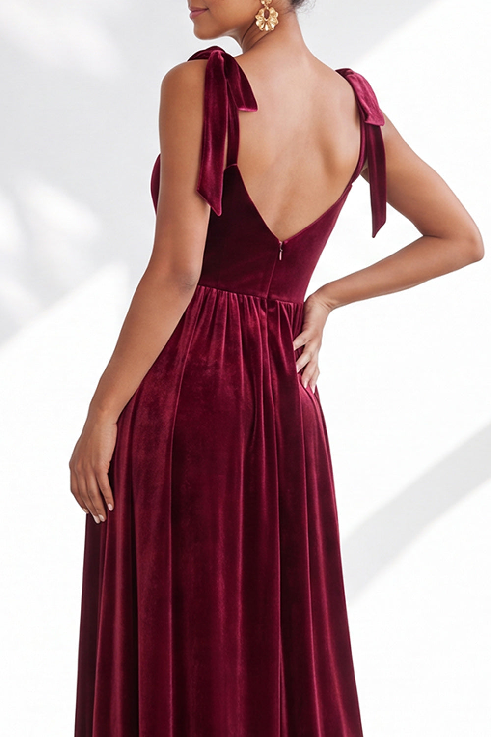 Burgundy A-Line Velvet Long Formal Dress with Bows