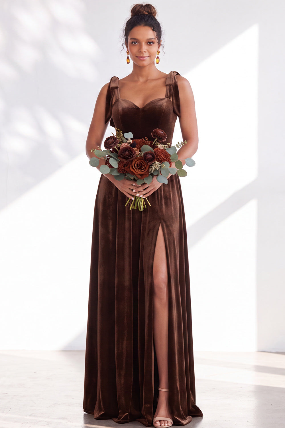 Burgundy A-Line Velvet Long Formal Dress with Bows