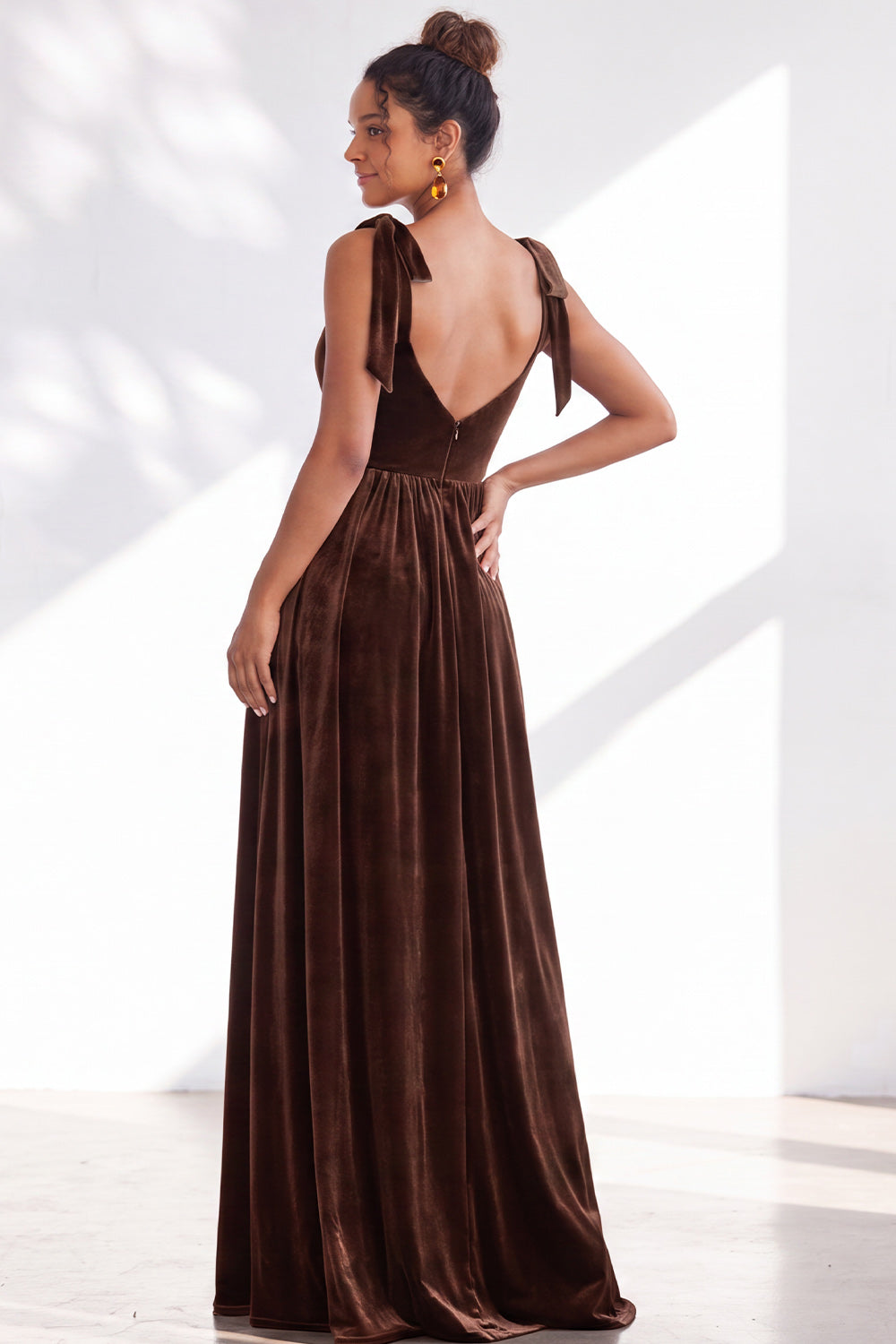 Burgundy A-Line Velvet Long Formal Dress with Bows
