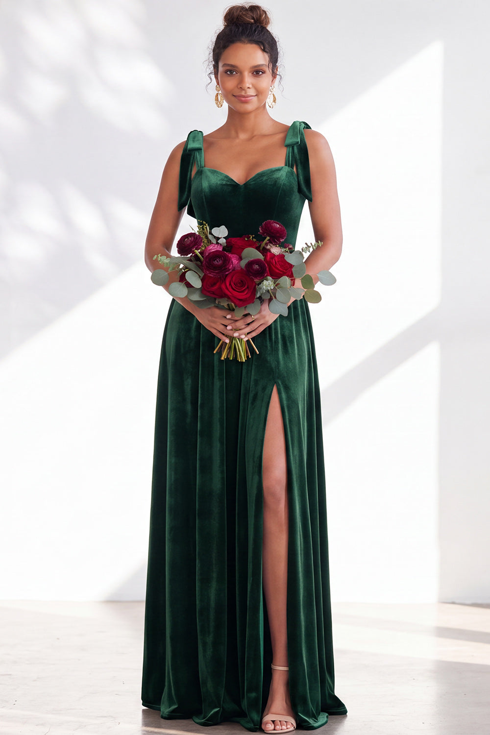 Burgundy A-Line Velvet Long Formal Dress with Bows
