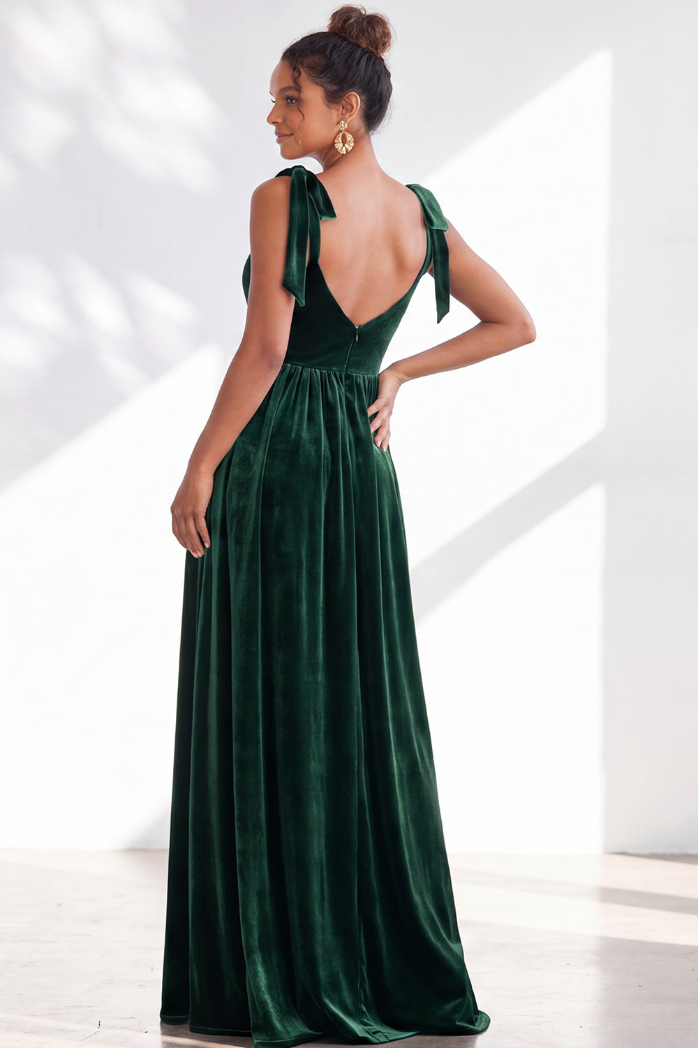 Burgundy A-Line Velvet Long Formal Dress with Bows