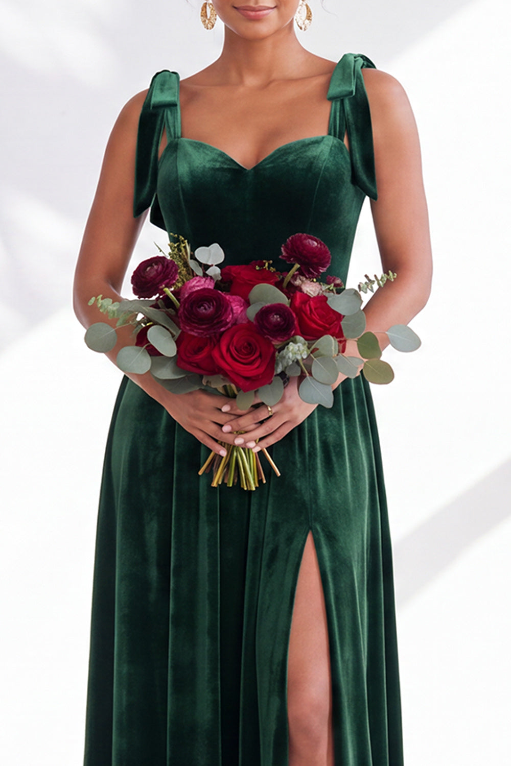 Burgundy A-Line Velvet Long Formal Dress with Bows
