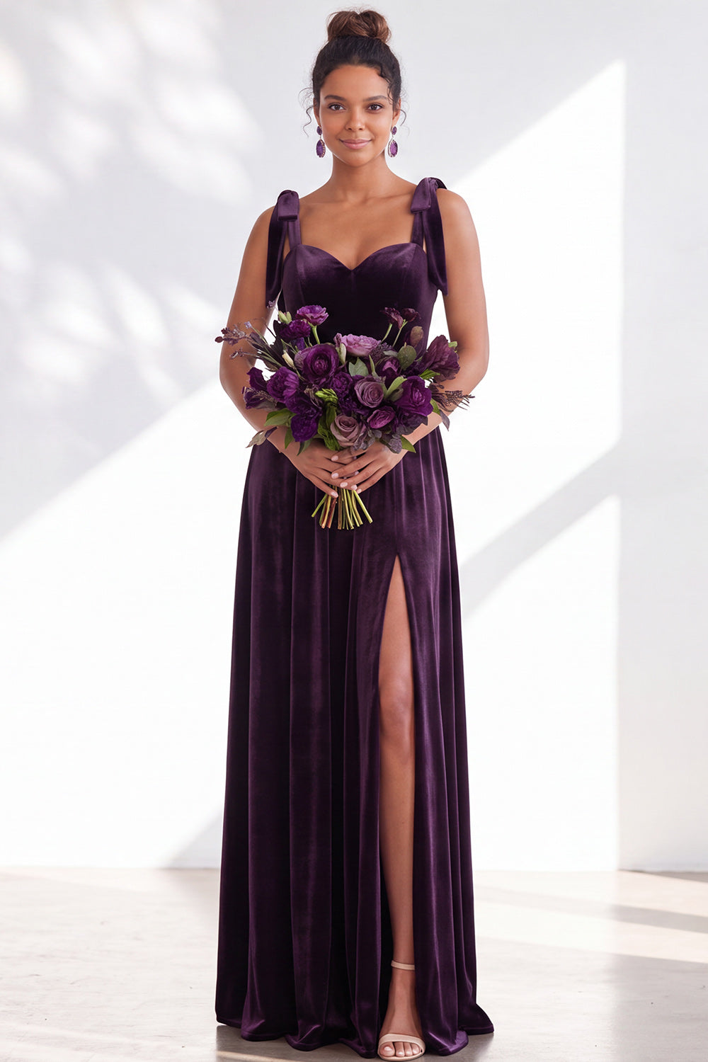 Burgundy A-Line Velvet Long Formal Dress with Bows