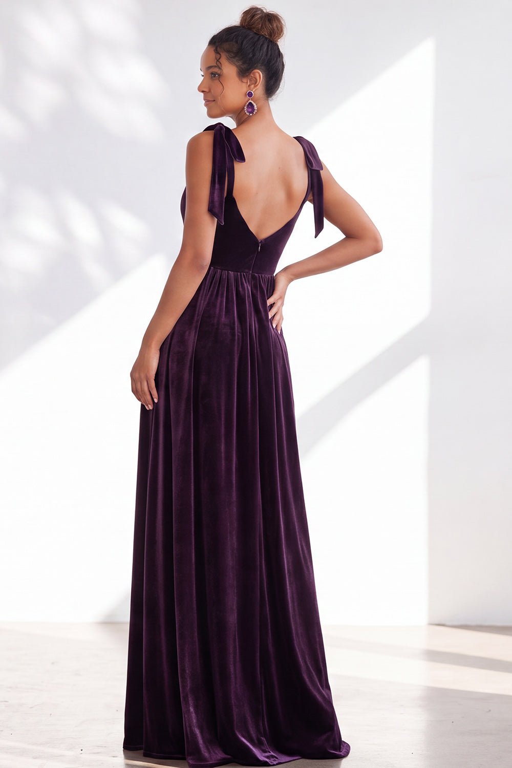 Burgundy A-Line Velvet Long Formal Dress with Bows