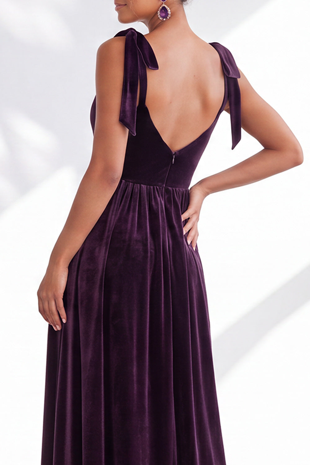 Burgundy A-Line Velvet Long Formal Dress with Bows