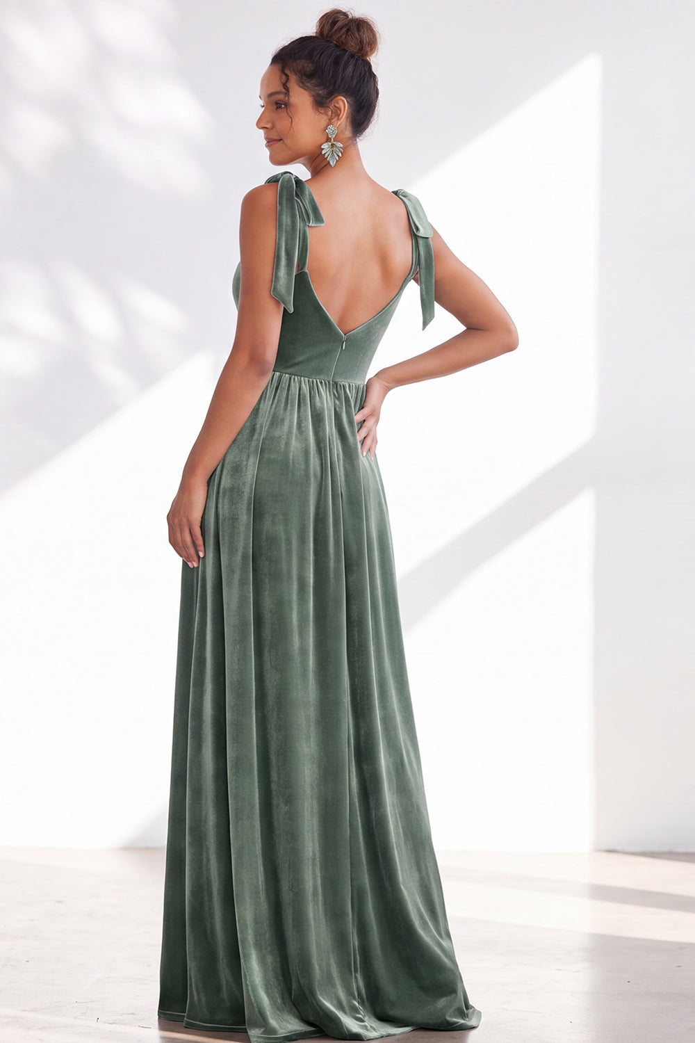 Burgundy A-Line Velvet Long Formal Dress with Bows