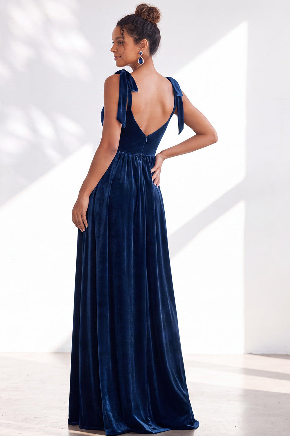Burgundy A-Line Velvet Long Formal Dress with Bows