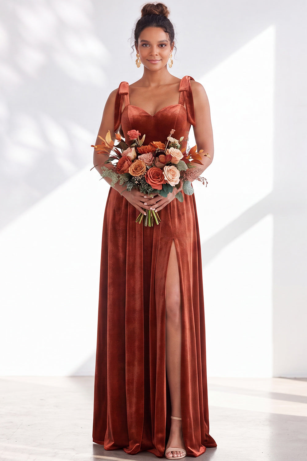 Burgundy A-Line Velvet Long Formal Dress with Bows